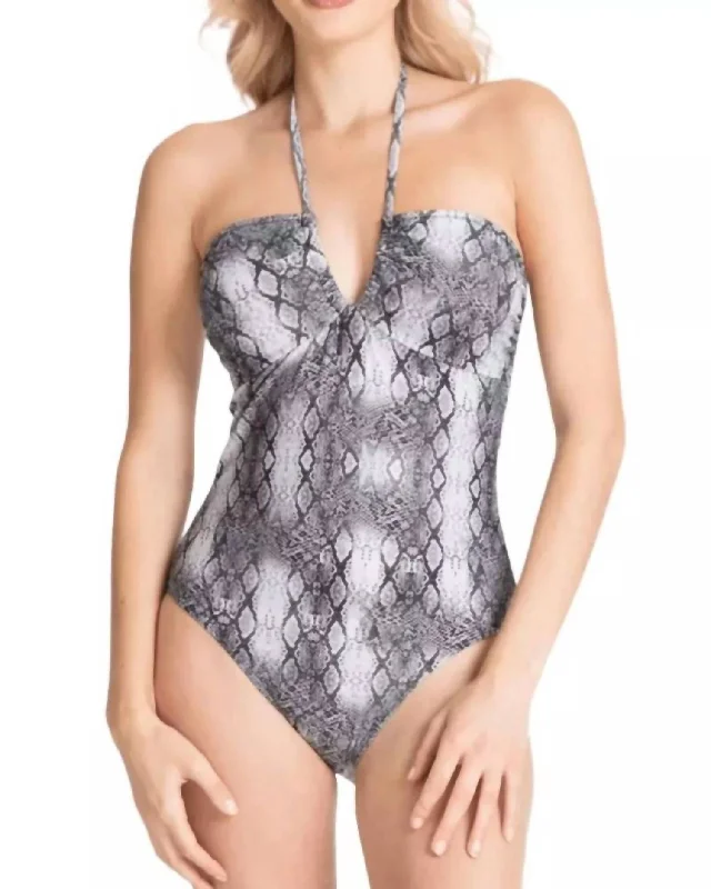 Ruched Halter One Piece Swimsuit In Grey