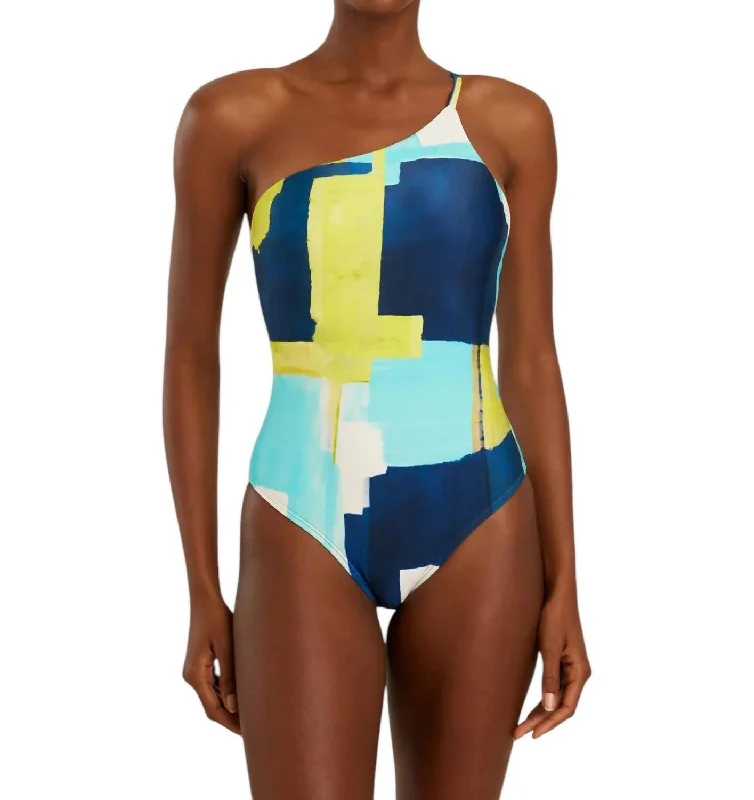 Strap Shoulder One Piece Swimsuit In Blue