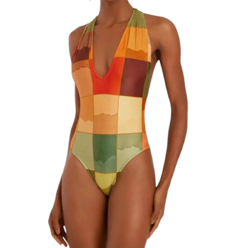 Deep V Back Strap One Piece Swimsuit In Mosaico