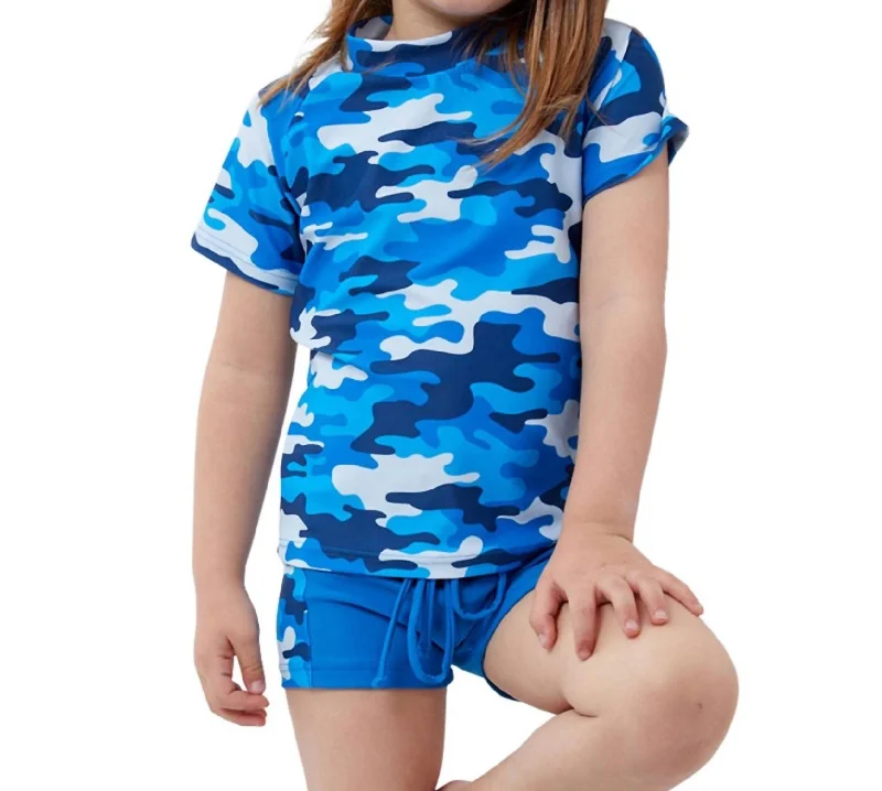 Kids Short Sleeve Swim Shirt With Matching Swim Short In Camo