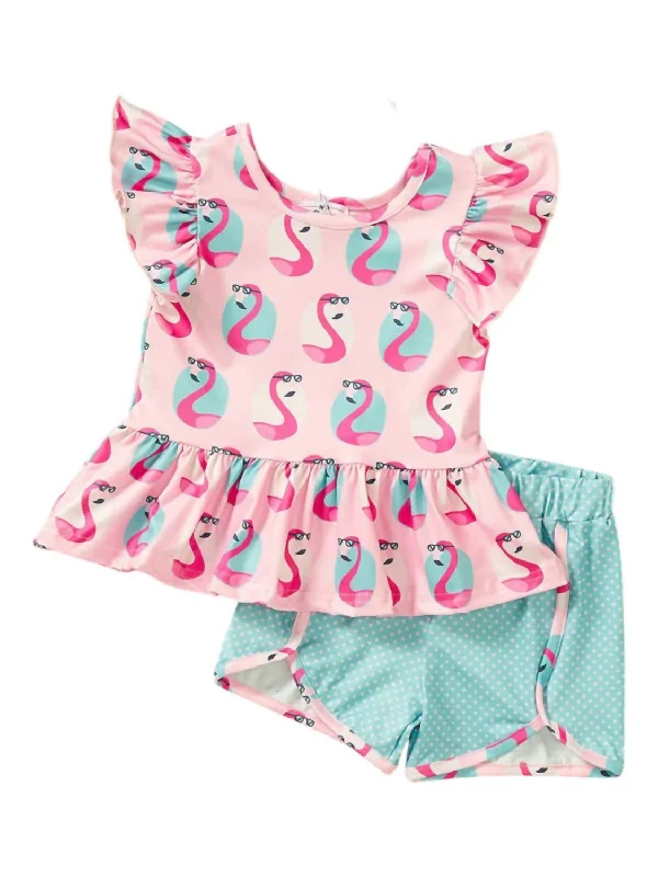 Girl's Cool Flamingo 2 Piece Short Set In Pink/light Blue