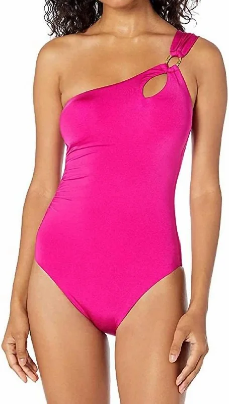 Solid One Shoulder One-Piece Bikini In Berry