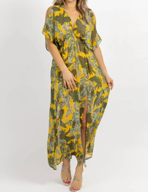 Cold Shoulder Maxi Dress In Yellow  Palm