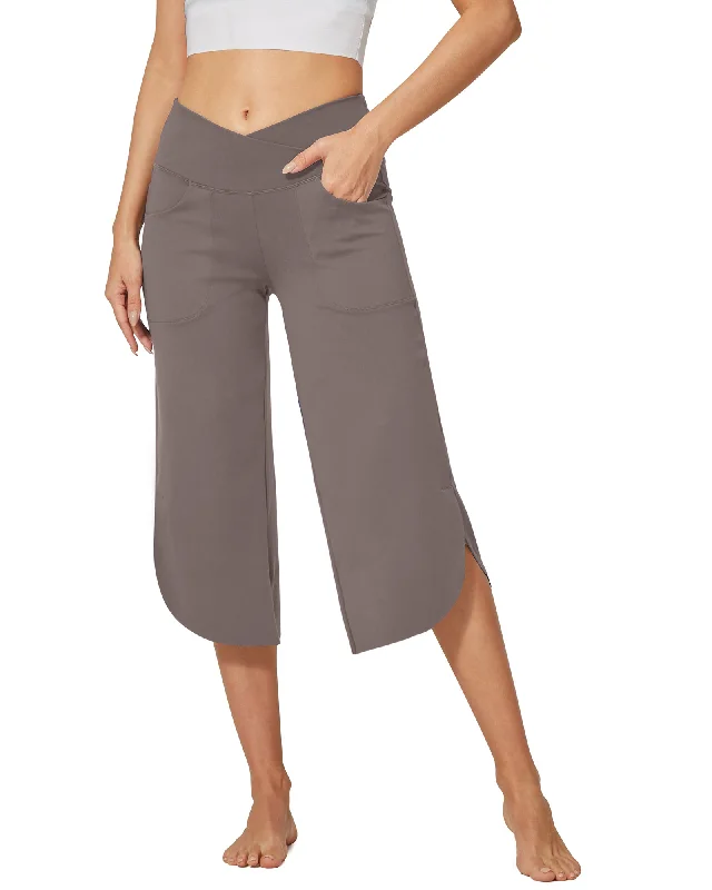 Wide Leg High-Waisted Crossover Capri Work Pants 21''